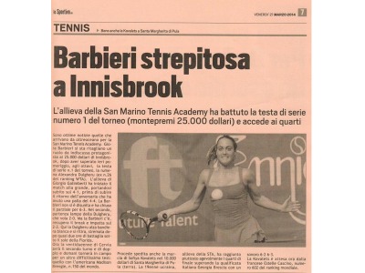 San Marino. Tennis: Gioia Barbieri prossimamente nella Top10 italiana