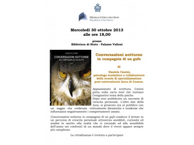 San Marino. Mercoledi’ 30 ottobre Biblioteca di stato ‘Conversazioni notturne’ con Daniele Canini